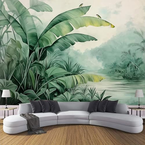 Fototapete Tapete Dschungel Bananenblatt, 450X315Cm (B×H) Foto Tapete Schlafzimmer Wohnzimmer Seidenstoff Wandtapete, Aquarell Motivtapeten Bildtapete 3D Effekt Wand Dekoration