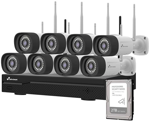 NIVIAN Kit Camaras de Vigilancia Profesional WiFi SuperHD con 8 Cámaras IP y Grabador con Disco Duro 16CH - para Casas y Negocios - Visión Nocturna, Detección Humana IA, Audio Bidireccional