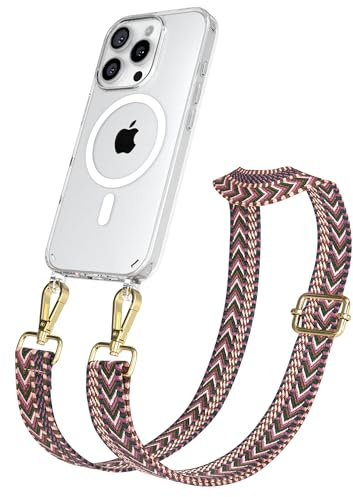 EAZY CASE Handykette - Verstellbares Taschenband kompatibel mit iPhone 16 Pro, Schulterriemen, Handykordel mit Silikon Hülle, Qi Charging kompatibel, Umhängetasche, Beere Pink Gold