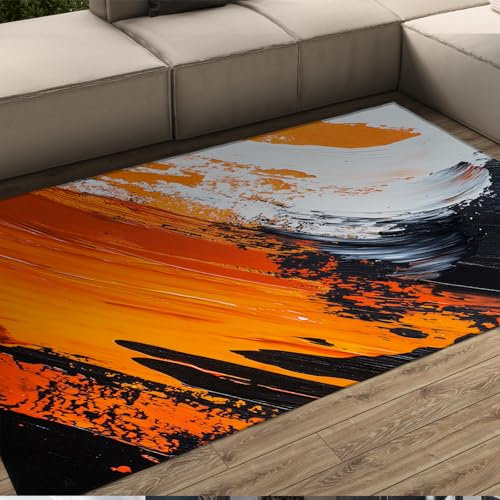 UERWOWELL Abstrakter Läuferteppich in Orange und Schwarz, waschbar, rutschfest, Ergänzungen zu Bodenflächen, Teppichen, Fluren oder Heimstudios 100x150cm