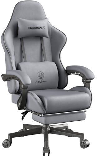 Dowinx Chaise de gaming - Coussin de printemps - Chaise de bureau respirante en tissu de qualité supérieure - Ergonomique - Avec appui-tête - Chaise de bureau pivotante avec repose-pieds - Gris