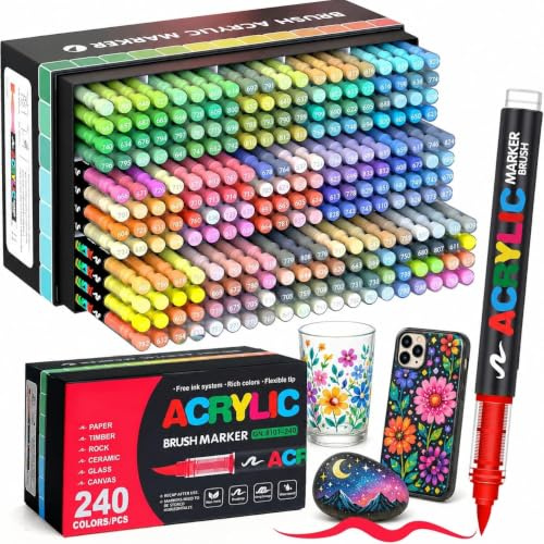 Bonala Feutre Acrylique 240 Couleurs, Marqueur Acrylique Pointe Pinceau Permanent pour Pierre, Galets, Bois, Verre, Céramique, Tissu, Plastique & Métal, Acrylic Paint Markers pour Coloriage Adulte