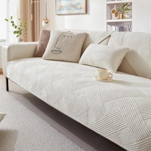 LINGKY Sofabezug Weiche Samt Sofa Überzug für 1 2 3 4 Sitzer L Form Sofaüberwurf Ecksofa Couch Überzug Neue Universelle Anti Rutsch Hund Katze Sofa Cover (Beige Weiß,90x160cm)