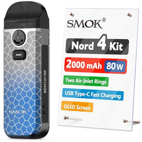 SMOK Nord 4, E Cigarette Vape Starter Kit, 80W 2000mAh, 2ml Airflow Control Vaping, OLED Display, Type-C Fast Charging, Using RPM and RPM 2 Coils, No Nicotine (Blue Grey Armor)