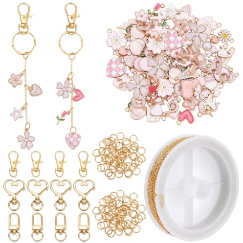 BEAMARKER 222 Lipgloss DIY Schlüsselanhänger Set Inklusive 10 m Goldketten rosa Emaille Charm Anhängern offenen Biegeringen Schlüsselanhängerverschlüssen Aus Legierung Für Frauen DIY Bastelarb