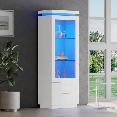 Merax Vitrinenschrank Transparente Vitrine mit LED, Hochschrank Hochglanz Weiß mit Acryltür, 2 Glasboden, 2 Schubladen, Minimalistischer Stil, Sammlervitrine Bücherregal für Wohnzimmer Büro, 171cm
