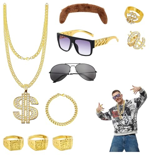 Atomvia 80er 90er Jahre Hip Hop Kostüm Herren, 10 Stück Zuhälter Kostüm Goldkette Fasching, Rapper Goldkette Set mit Dollar Kette Ringen Sonnenbrille Fake Bart für Karneval Halloween Mottoparty