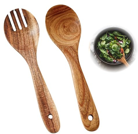 JinRuiCPeng Lot de 2 Couverts à Salade en Bois d’Olivier, Cuillère et Fourchette à Salade Artisanales, Ustensiles de Cuisine Naturels pour Service, Buffet, Restaurant et Maison