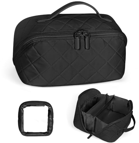 URAQT Borsa da Toilette, Beauty Case Grande da Viaggio, Portatile Borsa da Trucco, Beauty Case da Viaggio Cotone Morbido, Imbottitura ispessita, con maniglia e 1 Mini borsa, Perfetto per Viaggios,Nero