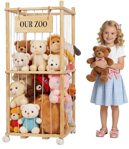Stuffed Animal Storage Zoo with Wheels Wooden Soft Toy Holder Teddy Storage | Cuddly Toy Zoo Organiser with Elastic Cords, Space Saving Plush Toy Storage Holder for Playroom Nursery Bedroom Living Room