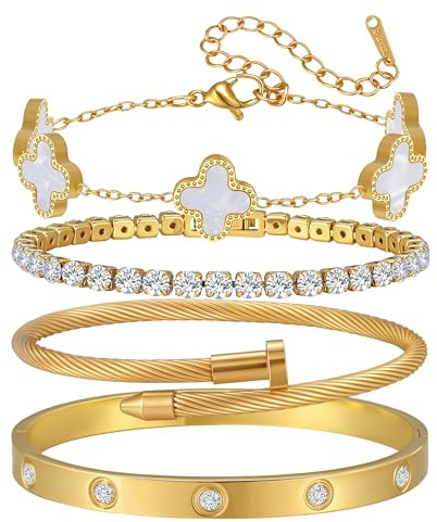 Aiilead Kleeblatt Schmuck Set für Damen - 18 Karat Gold Armband&Armreif Glücksarmband Schmuck Geschenk für Damen,4PCS