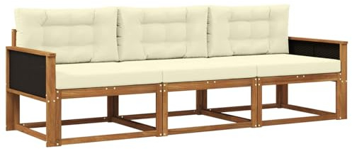 vidaXL Outdoor-Sofagarnitur mit Kissen 3 pcs Natur und Creme, Akazienholz Sofa Set für draußen, modernes Loungemöbel, Flexibler Gartenplatz, wetterfeste Einrichtung
