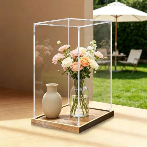Vibeo Acryl Vitrine Transparente Vitrine mit 2 mm Starkem Sockel in Holzoptik, Montierbare Acryl-Aufbewahrungsbox, 10 20 40 60 75 cm Hoch, Staubgeschützte Tischvitrine(35x35x70cm/14x14x28in)