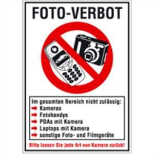 Aufkleber FOTO-VERBOT Folie selbstklebend 29,7 x 21 cm (fotografieren, Verbotsschild, Kombischild) praxisbewährt, wetterfest