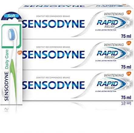 Sensodyne Sensitive Teeth Multipack with 3 Whitening Toothpaste and Daily Care Soft Toothbrush