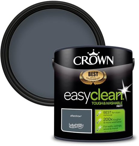 Crown EASYCLEAN Dark Grey Matt Emulsion Wall Paint - Washable 2.5L | Stain resistant Aftershow 200x tougher. Wipeable on walls, ceilings, wood & metal. Ideal for hallways & kids' rooms. Low VOC