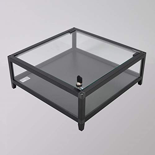 MHN Vitrinenwürfel T 42,8 x B 42,8 x H 12,8 cm - kleine Flache Glasvitrine abschließbar - beleuchtete Aufsatzvitrine - quadratische Vitrine Glas - schwarzer Schaukasten LED-Beleuchtung