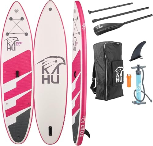 KAHU® Tour 10’8’’ Stand up Paddling Board – aufblasbares iSUP Board komplett Set inkl. Alu-Paddel und Pumpe - Touringboard für Anfänger – 335x78x15cm – 150kg Traglast – Kajak Sitz als Zubehör