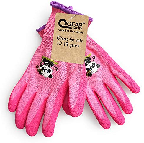 QEARSAFETY Gartenhandschuhe für Kinder von 10 bis 13 Jahren, Handfläche aus Gummi für Wasser- und Schmutzbeständigkeit (10-13 Jahre alt, Pink)