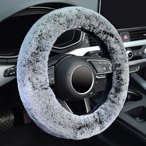 KAFEEK Frost, Flauschiger Mikrofaser-Plüsch-Lenkradbezug für den Winter, warm, universal, 38,1 cm, weich, flauschig, kühles Schwarz
