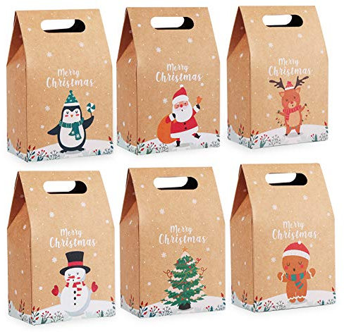 Agoer Kraftpapier Geschenktüten mit Griff, 24 Stück Weihnachten Papiertüte Geschenktaschen - Weihnachtstüten Schokolade SüßIgkeiten Organizer Geschenkbox für Weihnachts Geburtstag 16 x 9.8 x 6 cm