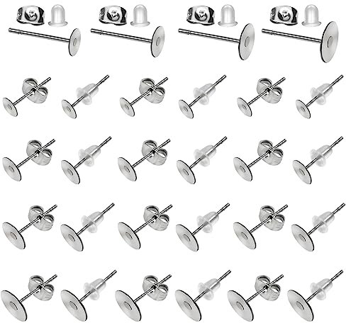 TOAOB 300 Stück Silberton Rostfreier Stahl Ohrstecker Rohling 4mm 5mm 6mm 8mm mit Plastik und Edelstahl Ohrring Stopper Set für Schmuckherstellung