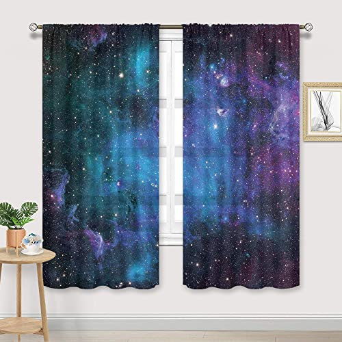 Cinbloo Transparente Galaxie-Vorhänge für Kinder, Stangentasche, 104 (B) x 157 cm (L), Universum, Blau, Planet, Nebel, Fantasie, Sternenhimmel, Stern, Jungen, Schlafzimmer, Dekoration, Wohnzimmer,