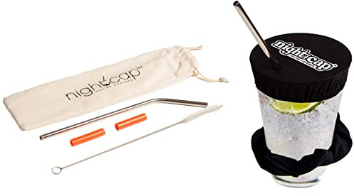 Nightcap - Original Drink Cover Scrunchie, As Seen on Shark Tank - Anti-Spike Drink Protector - Reusable Scrunchie with 2 Stainless Steel Straws, Straw Brush, 2 Silicone Tips & Duvet Pouch - Black