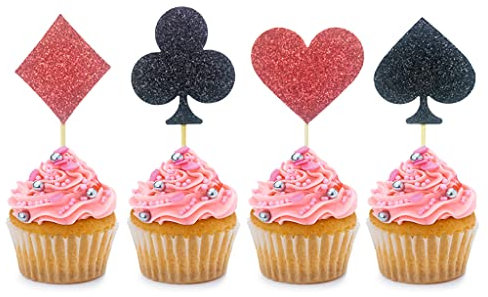 24 Stück Glitzer Poker Cupcake Topper für Casino Nacht Thema Party Las Vegas Party Geburtstag Thema Party Hochzeit Babyparty Geburtstag Party Kuchen Dessert Dekorationen Zubehör Picks