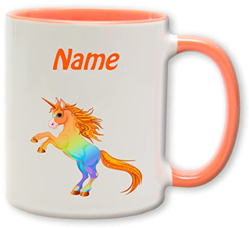 Texmacher Kindertasse - Becher mit personalisiertem Namen und Motiv - Spülmaschinenfest und beidseitig bedruckt (Einhorn_Henkel&Innen_Orange)