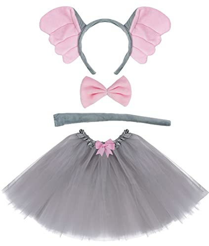 Dxhycc Grey Elephant Costume Set Elephant Ears Headband Bow Tie Tail Tutu for Animal Fancy Costume Kit Halloween Cosplay Party