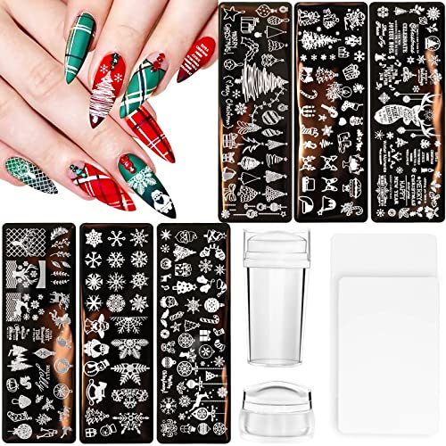 JUNEBRUSHS 10 Stück Weihnachten Stamping Schablone Set, 6 Stück Stamping Schablone 2 Stück Silikon Nagelstempel und 2 Stück Schaber Weihnachten Stamper Plates für DIY Nagel Maniküre