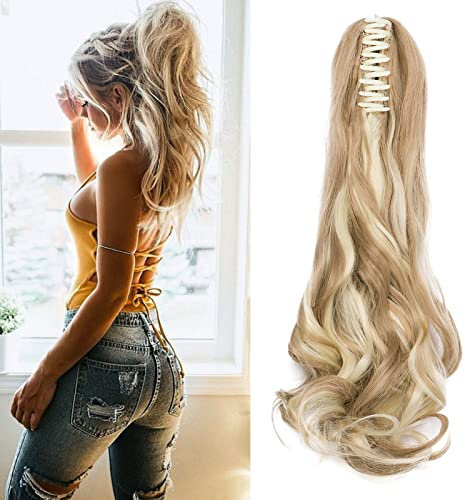 Cybelleza Ponytail Extensions Zopf Pferdeschwanz Haarteil Gewellt Lang 45cm Claw Clip in Haarverlängerung Kunsthaare Synthetik Haarverlängerung Zopf Extension für Frauen, Sandy Blonde & Blond