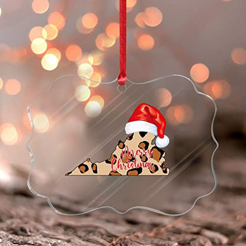 Weihnachtsschmuck 2022 Virginia Acryl Ornament Andenken USA American State Outline Weihnachtskugel Wild Leo Muster Leopard Haut Sammlerstück Geschenk Baumschmuck Strumpf Namensschild Transparent