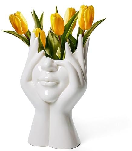 Winter Shore Vase Gesicht aus Keramik - Dekorative Weiße Vase für Frische Blumen, Künstliches Pampasgras & Blumensträuße - Blumenvase Modern - Ästhetisches Vasen Deko Geschenk - 18 cm x 9 cm (H x B)