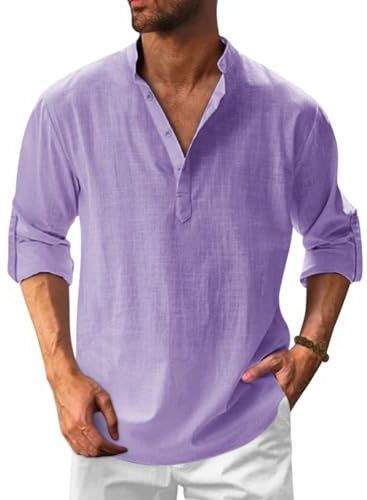 Onsoyours Hommes Chemises en Lin Solid Henley Shirts Casual Manches Longues été Mao Chemise de Plage Classique Décontractée Casual Regular Fit A Violet S