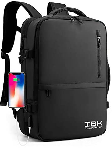 IBK Mochila de viaje de equipaje de mano, porta ordenador portátil, portátil, ordenador portátil, ordenador portátil, tejido impermeable, con cargador USB, para hombre y mujer, trabajo, oficina,
