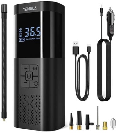 TEMOLA Tyre Inflator Portable Air Compressor, Rechargeable Cordless Tyre Inflator with Pressure Gauge, 12V DC Mini Air Tyre Pump Car Accessories Men Essential with LED Light for Car Motorcycle Bicycle