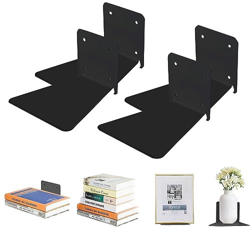 devesanter Unsichtbares Bücherregal L-Regal Eisen Schwimmende Regale Unsichtbare Wand Montage Bücherregale Mehrzweck Wandregale für Zuhause Büro Klassenzimmer Bibliothek (Schwarz, 4 Stücke)