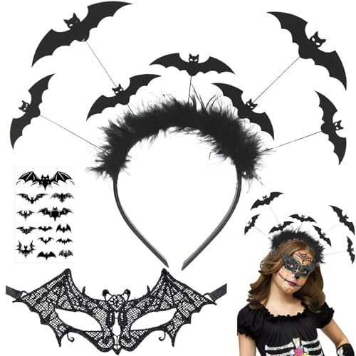 Giugio Halloween Damen Zubehör, Halloween Fledermaus Haarreife, Schwarze Spitze Maske und Halloween Spinne Haarschmuck mit Gesichtstattoos Tattoo für Halloween Karneval Kostüm Accessoire