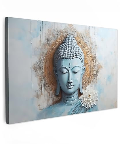 MuchoWow© Leinwandbild Groß 120x80 cm XXL Dekoration Wohnzimmer Bilder Aufhängen Wall Decoration Living Room Wohnungs Deko Moderne Buddha - Statue - Blau - Braun - Blume