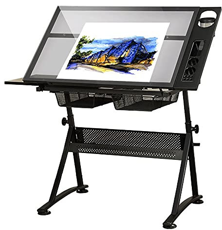 Table à Dessin en Verre réglable, Table d'étude d'art Polyvalente, avec tiroirs de Rangement, Poste de Travail de Peinture d'esquisse de Conception de Studio d'art (Couleur : Verre) (Verre) (Verre)
