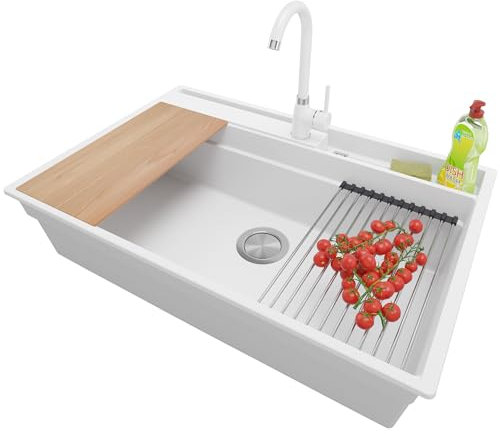 PRIMAGRAN Fregadero Granito Blanco 78x53cm, Cocina 1 Seno + Grifo 32x20cm + Sifón + Accesorios, Sobre encimera al mueble 80cm - Oslo Pocket S247