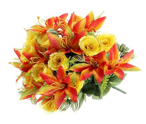 FloristryWarehouse Gemischter Strauß aus Kunstseide, Lilien und grünes Laub, Orange / Gelb, 44 cm hoch