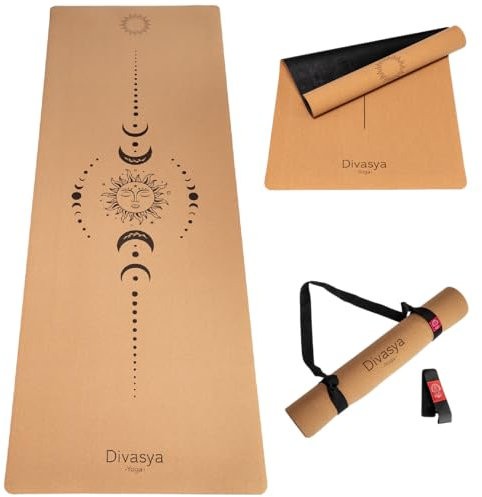 DIVASYA Premium Yogamatte Kork: aus Naturkautschuk & Kork | 100% natürlich & nachhaltig | 183 x 66 x 0,4cm | inkl. Tragegurt | Yoga Matte rutschfest | schadstofffrei | kein TPE | robust & langlebig