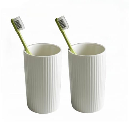 Supercap Ceramic Toothbrush Holder | Tumbler Cups Reusable Toothbrush Mouthwash Cup | Bathroom Toothbrush and Toothpaste Holder | Makeup Brush Holder (2 White Vertical Stripe)
