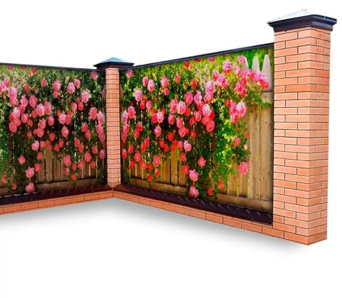 BestMarket.TV Fotofassade mit Aufdruck Heiteres Leben. Gartensichtschutz. Wind Schutz. Balkonverkleidung. Balkonsichtschutz. Sichtschutz. Hecke. (310x158, Rosa Rosen)