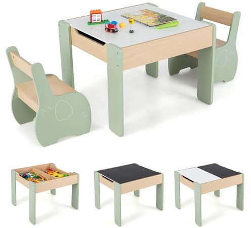 COSTWAY Kindertisch mit 2 Stühlen, 3 teilige Kindersitzgruppe aus Holz mit wendbarer & abnembarer Tischplatte, Kinder Maltisch mit Stauraum, Kindermöbel Sitzgruppe für Kinder ab 3 Jahren (Grün)
