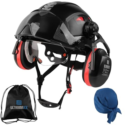 UM ULTRAMAXX Schutzhelm mit integriertem Visier, Ohrenschützer-Kits, Schutzhelm mit belüftetem Design, ANSI Z89.1 zertifiziert, ideal für Industrie und Bauwesen, Schwarz