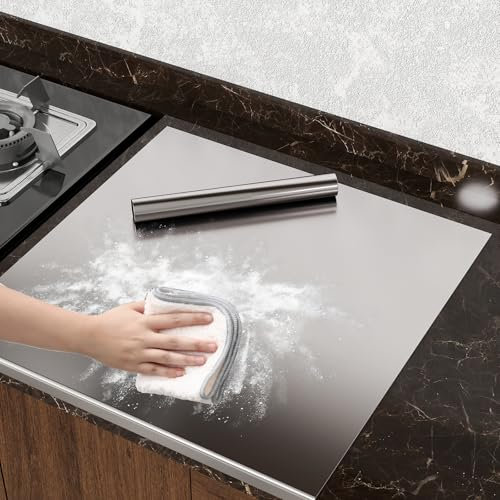 uyoyous Stainless Steel Cutting Board 50 x 50cm Chopping Board Worktop Protector with Rolling Pin, Kitchen Cutting Mat for Kneading Pastry Meat Vegetables Bread